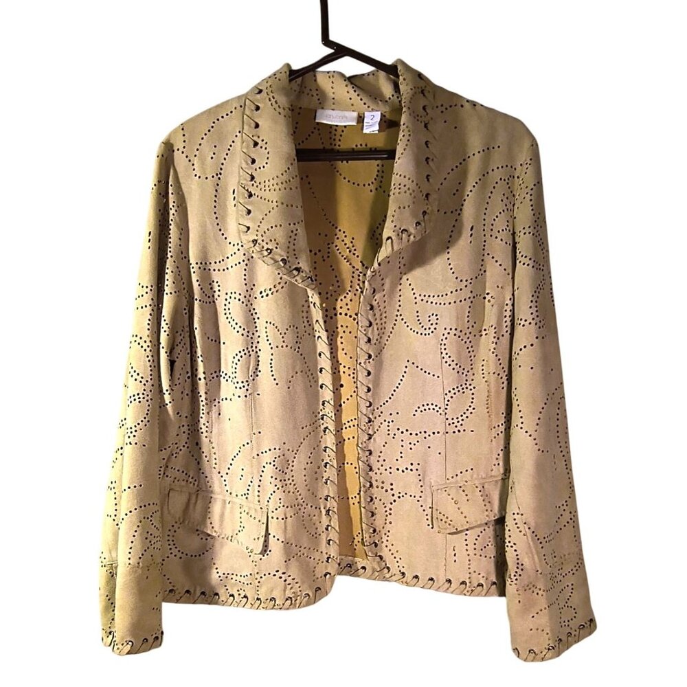 Chico Beige Laser-Cut Faux Suede Jacket With Whipstitch Details Chico Size 2